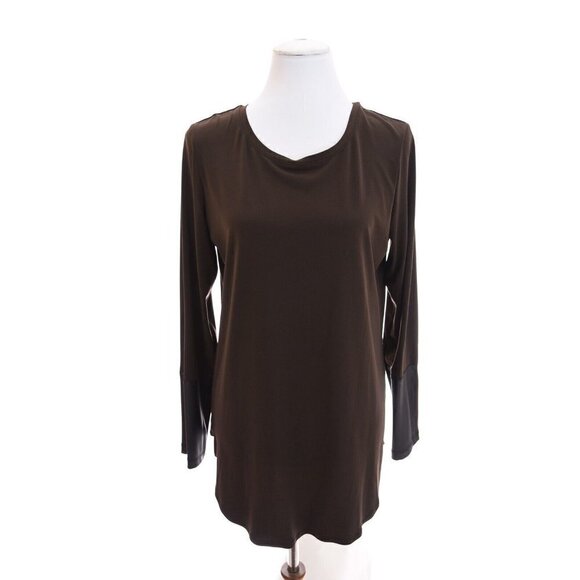 Nygard Slinky Faux Leather Cuff Patch Tunic Top Brown Black High Low Womens Sz S - Picture 1 of 10